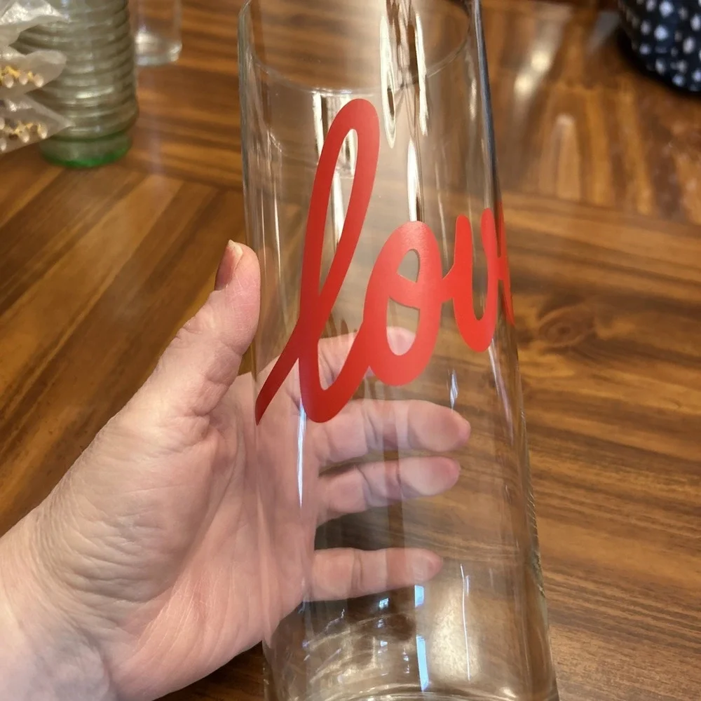 cylindrical clear glass vase Red‎ LOVE Print 9.5